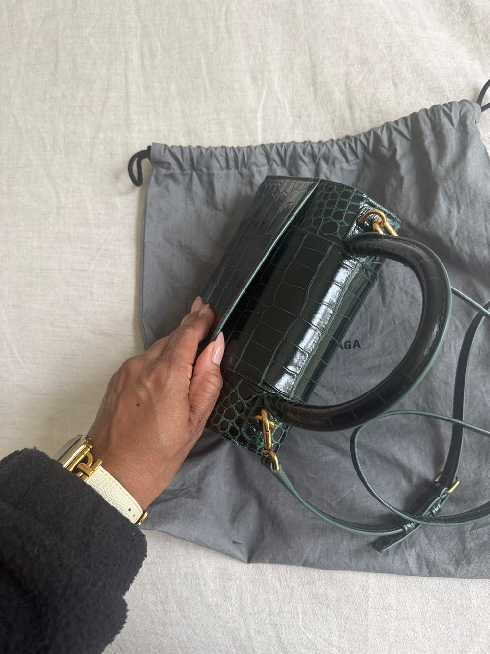 Balenciaga Green Croc-Embossed Hourglass Mini Top Handle Bag with Gold Hardware - Picture 6 of 7